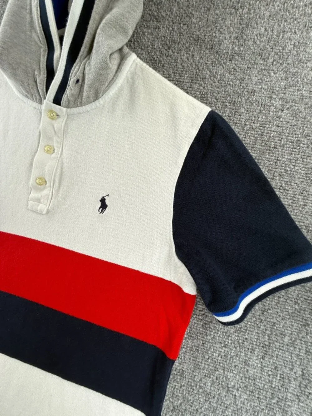 Polo Ralph Lauren Small Hooded Striped Red White Blue Polo Shirt Knit Mesh